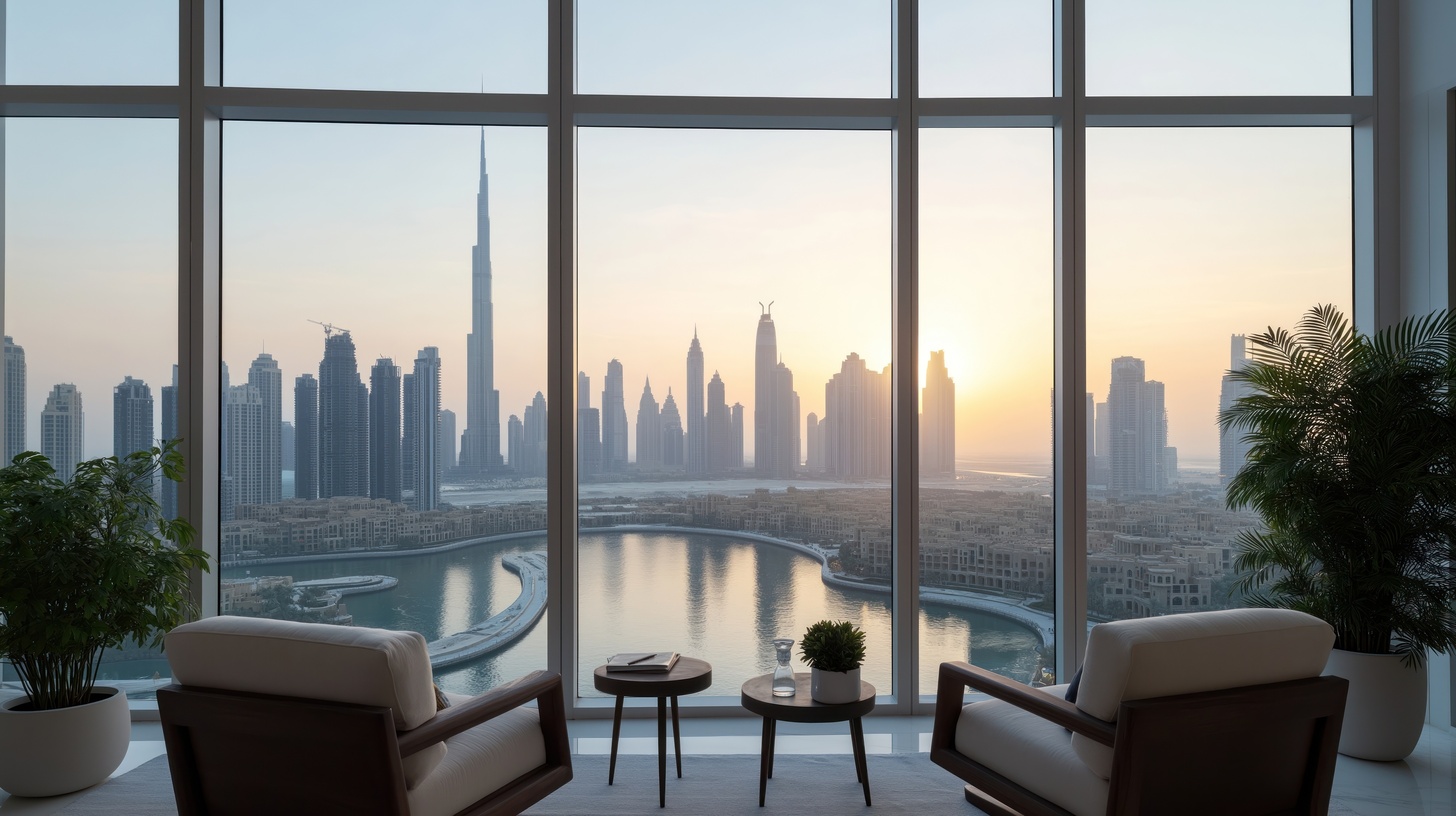 Luxus-Apartment in Dubai Marina mit Panorama-Blick auf Skyline, Wasserkanäle und Sonnenaufgang.