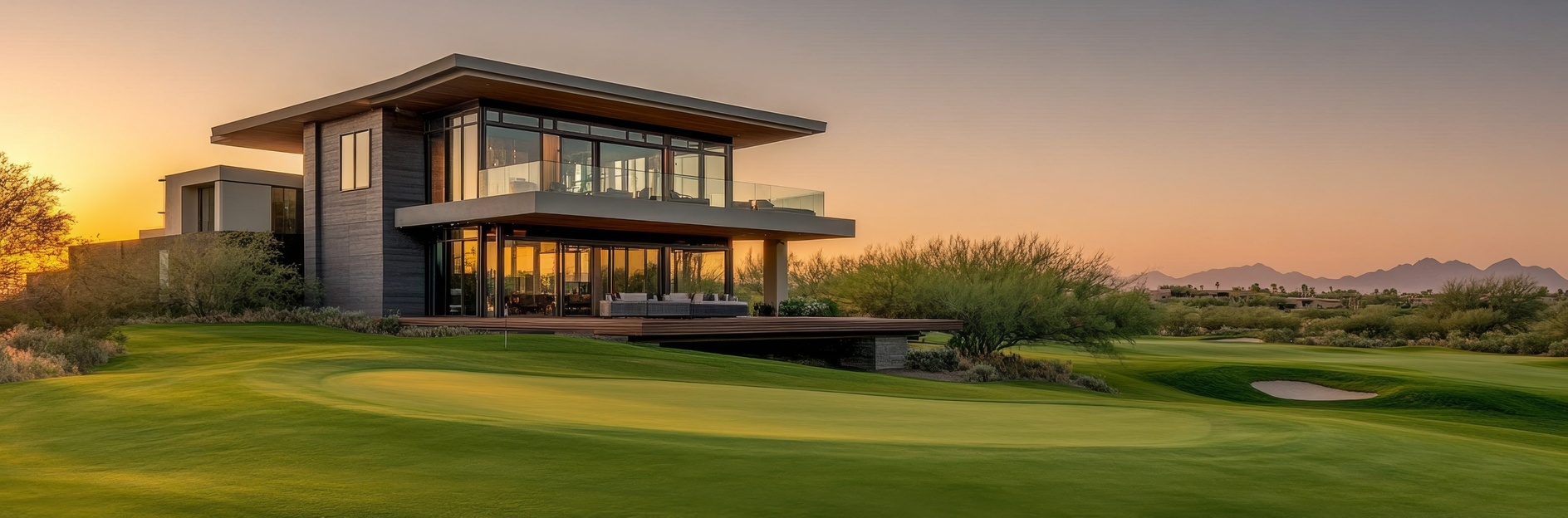 Luxuriöse moderne Villa am Golfplatz in Arabian Ranches Dubai bei Sonnenuntergang