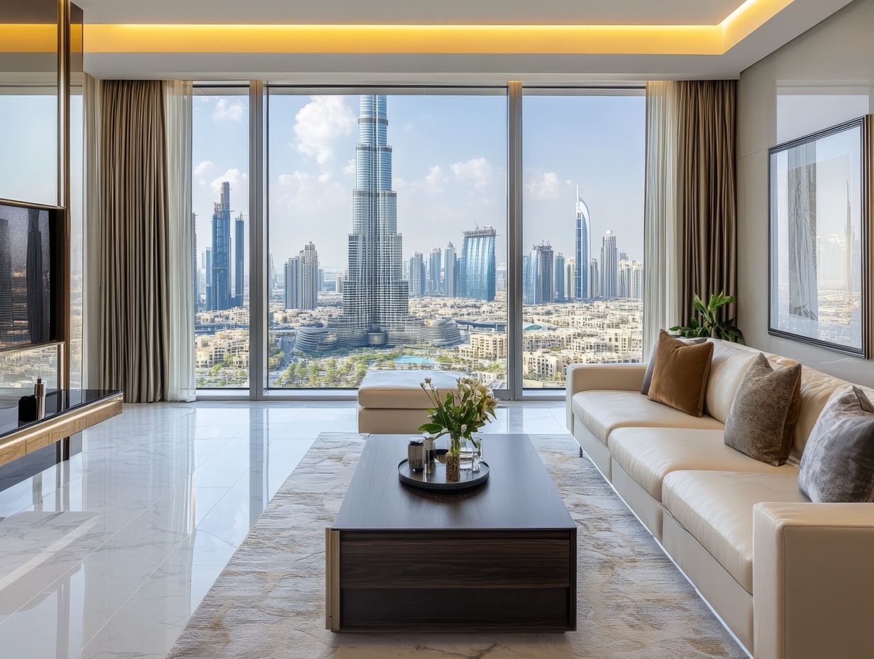 Luxuriöses Wohnzimmer mit Panorama-Blick auf den Burj Khalifa in Downtown Dubai