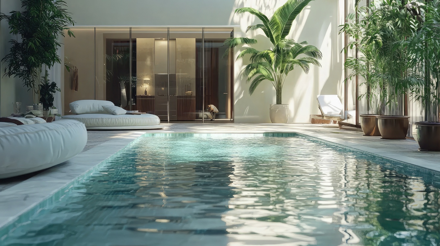 Luxuriöser Indoor-Poolbereich mit modernen Lounge-Liegen, üppigen Pflanzen und bodentiefen Glasfronten in einer hochwertigen Dubai Immobilie.