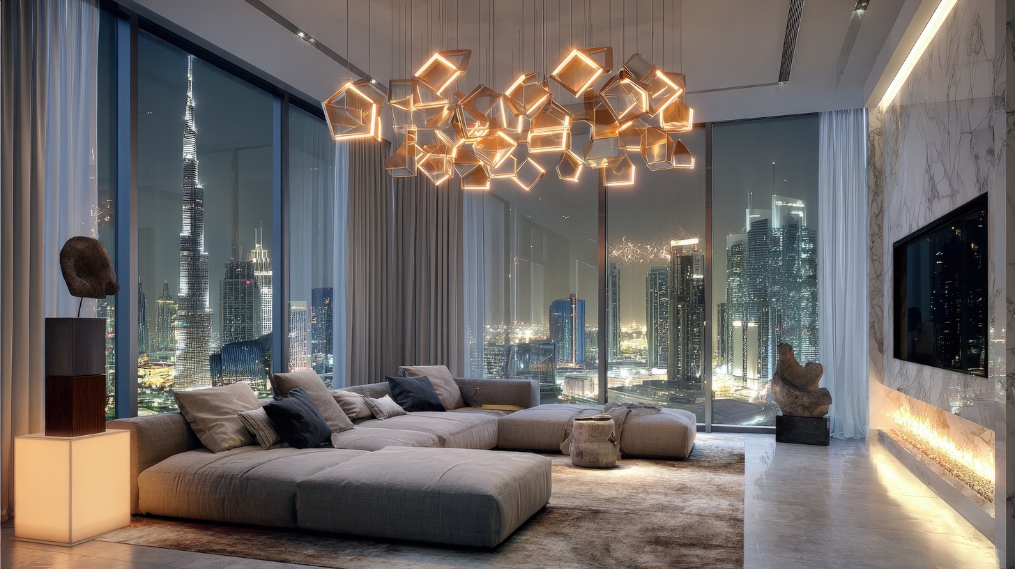 Luxuriöses Wohnzimmer in einem modernen Dubai-Penthouse mit Blick auf die nächtliche Skyline und den Burj Khalifa.