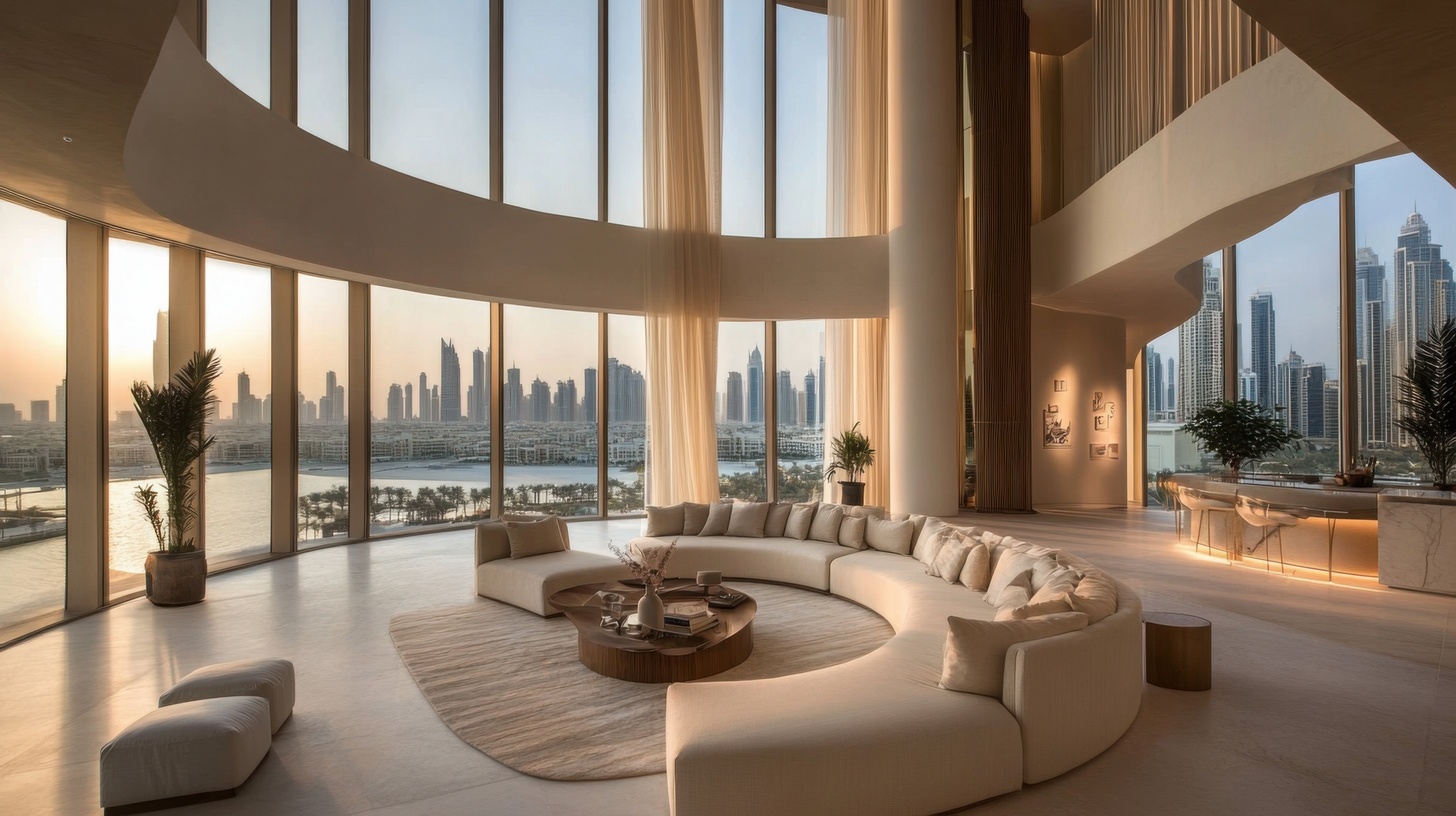 Luxuriöses, lichtdurchflutetes Wohnzimmer in einer High-End-Penthouse-Immobilie in Dubai mit Panoramablick auf die Skyline und das Wasser.