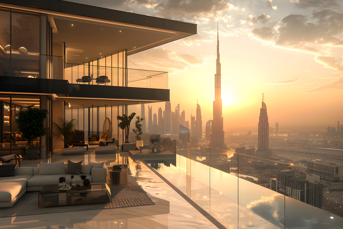 Luxuriöses Penthouse in Dubai Marina mit weitläufiger Terrasse, Pool und Panoramablick auf den Burj Khalifa bei Sonnenuntergang.