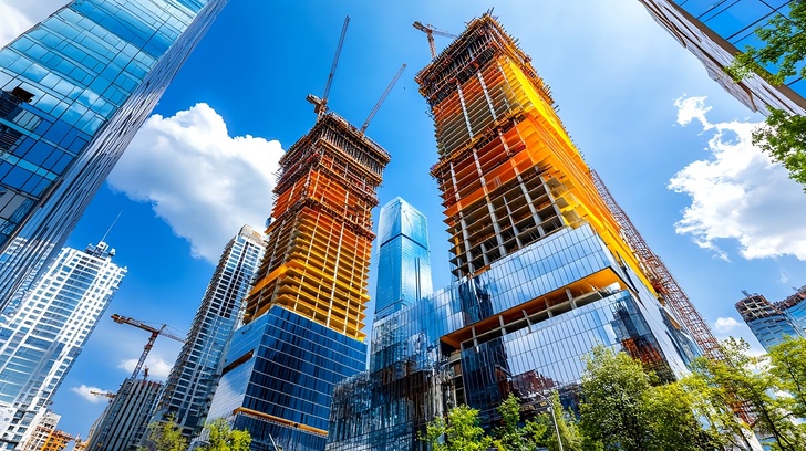 Moderne Hochhaus-Baustelle mit zwei im Bau befindlichen Türmen und Kränen in einem urbanen Geschäftsviertel.