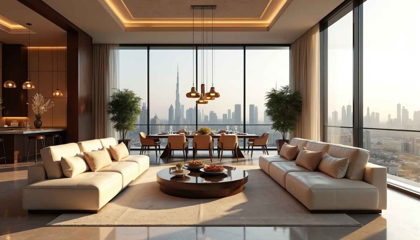 Luxuriöses Wohnzimmer in Dubai mit Panoramablick auf die Skyline und den Burj Khalifa bei Sonnenuntergang.