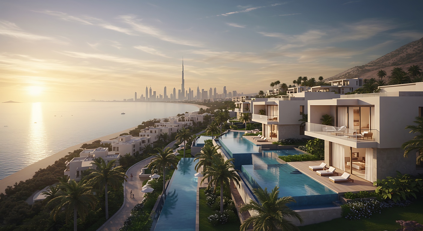 Luxushaus in Dubai am Meer mit Infinity-Pool und Skylineblick bei Sonnenuntergang
