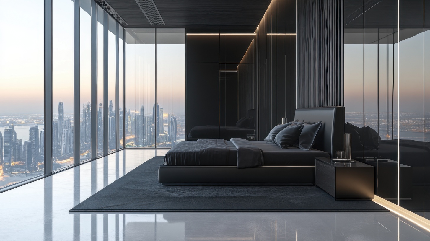 Luxuriöses Schlafzimmer in Business Bay mit Panoramablick auf die Dubai Skyline bei Sonnenaufgang.