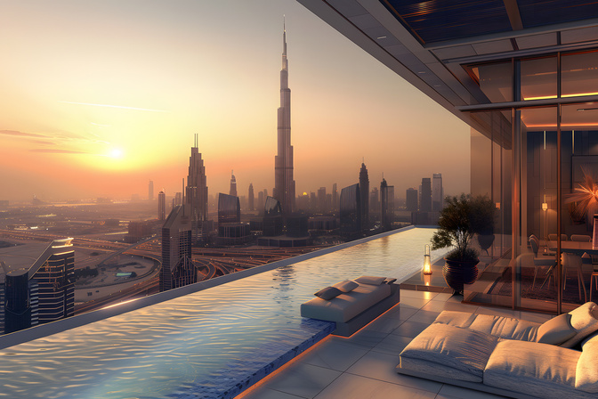 Luxuriöse Penthouse-Terrasse in Downtown Dubai mit Infinity-Pool und Blick auf den Burj Khalifa bei Sonnenuntergang.