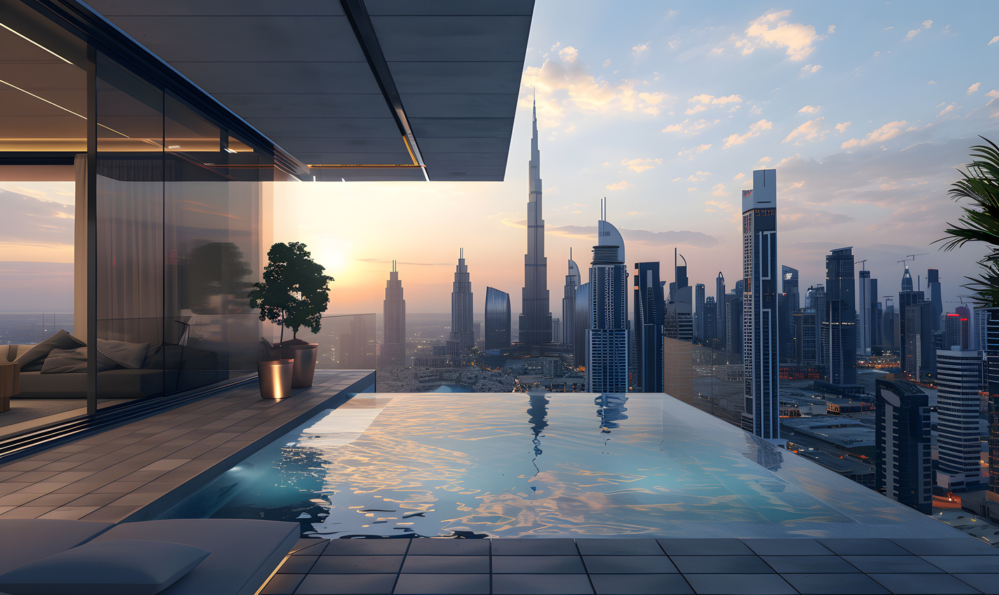 Luxuriöse Penthouse-Terrasse in Downtown Dubai mit Infinity-Pool und Panoramablick auf den Burj Khalifa bei Sonnenuntergang.