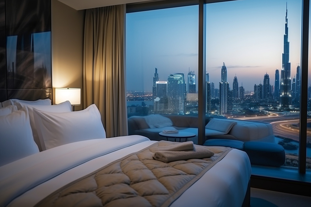 Luxuriöses Schlafzimmer mit Panoramablick auf die Skyline von Downtown Dubai und den Burj Khalifa bei Abenddämmerung.
