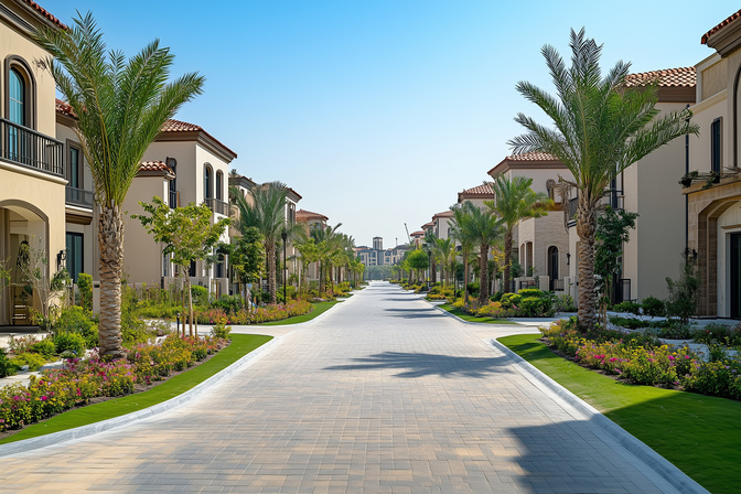Sonnige Wohnstraße in Arabian Ranches Dubai mit modernen Villen, Palmen und gepflegten Grünanlagen