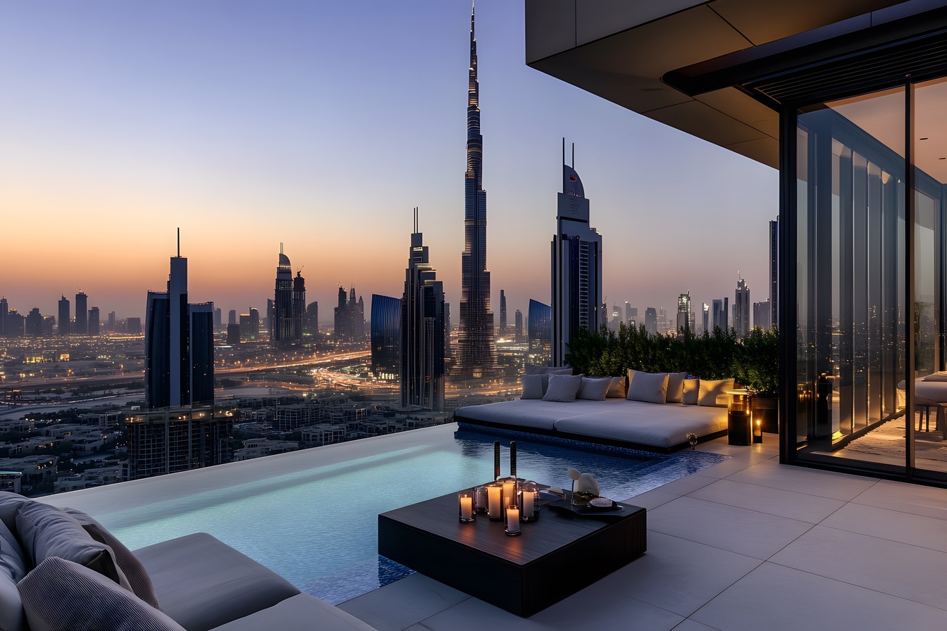 Luxusimmobilien in Dubai – Lifestyle mit Skyline-Blick Luxusapartment in Dubai mit Pool und Blick auf den Burj Khalifa bei Abenddämmerung