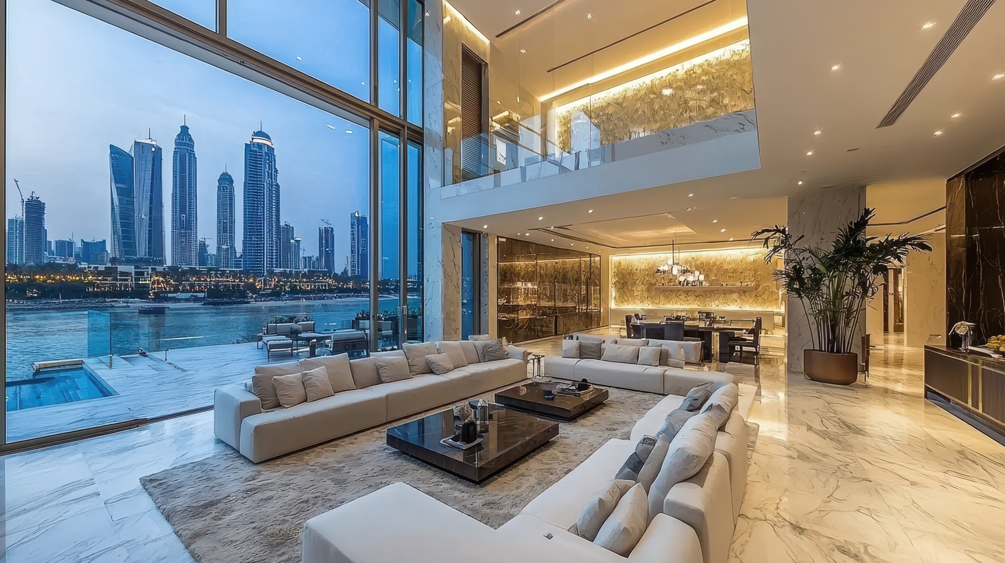 Luxusimmobilie in Dubai mit modernem Designinterieur und Blick auf die Skyline