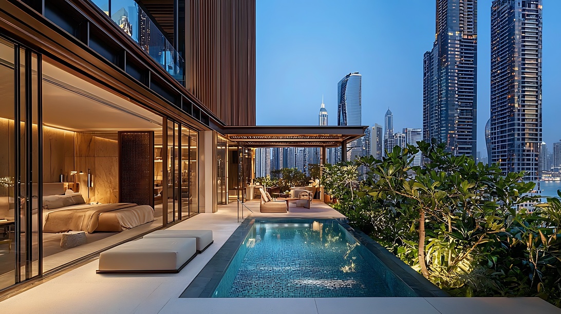 Luxusimmobilie in Dubai mit privatem Pool und Skylineblick bei Abenddämmerung