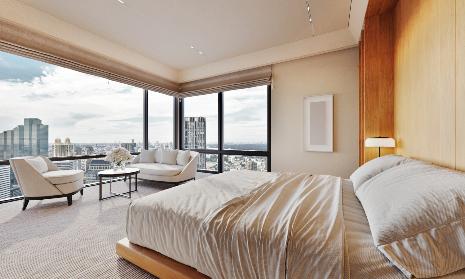 Luxusimmobilie in Dubai mit modernem Schlafzimmer und Panoramablick über die Stadt