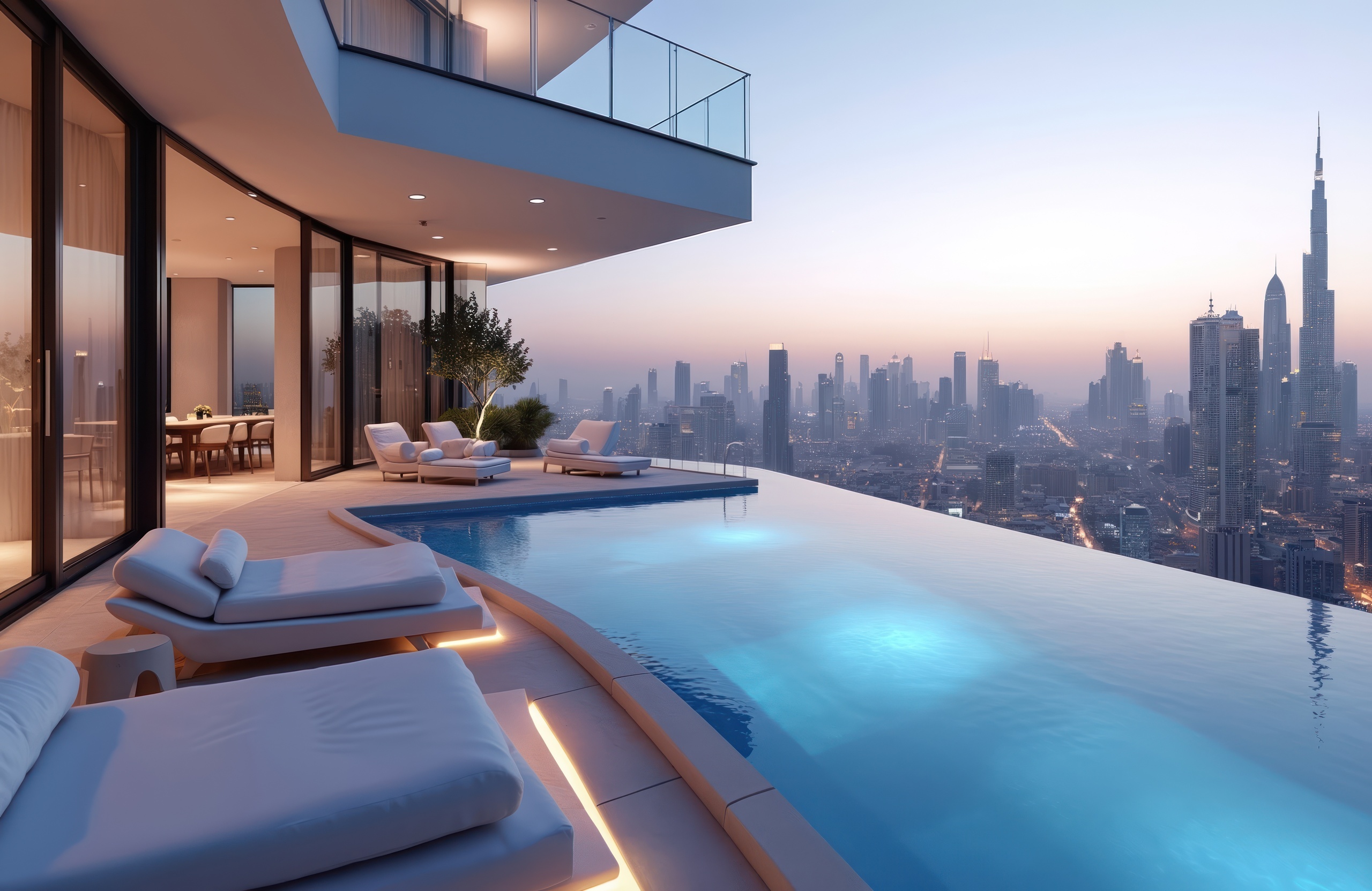 Penthouse in Dubai mit Infinity-Pool und Blick auf die Skyline bei Abenddämmerung