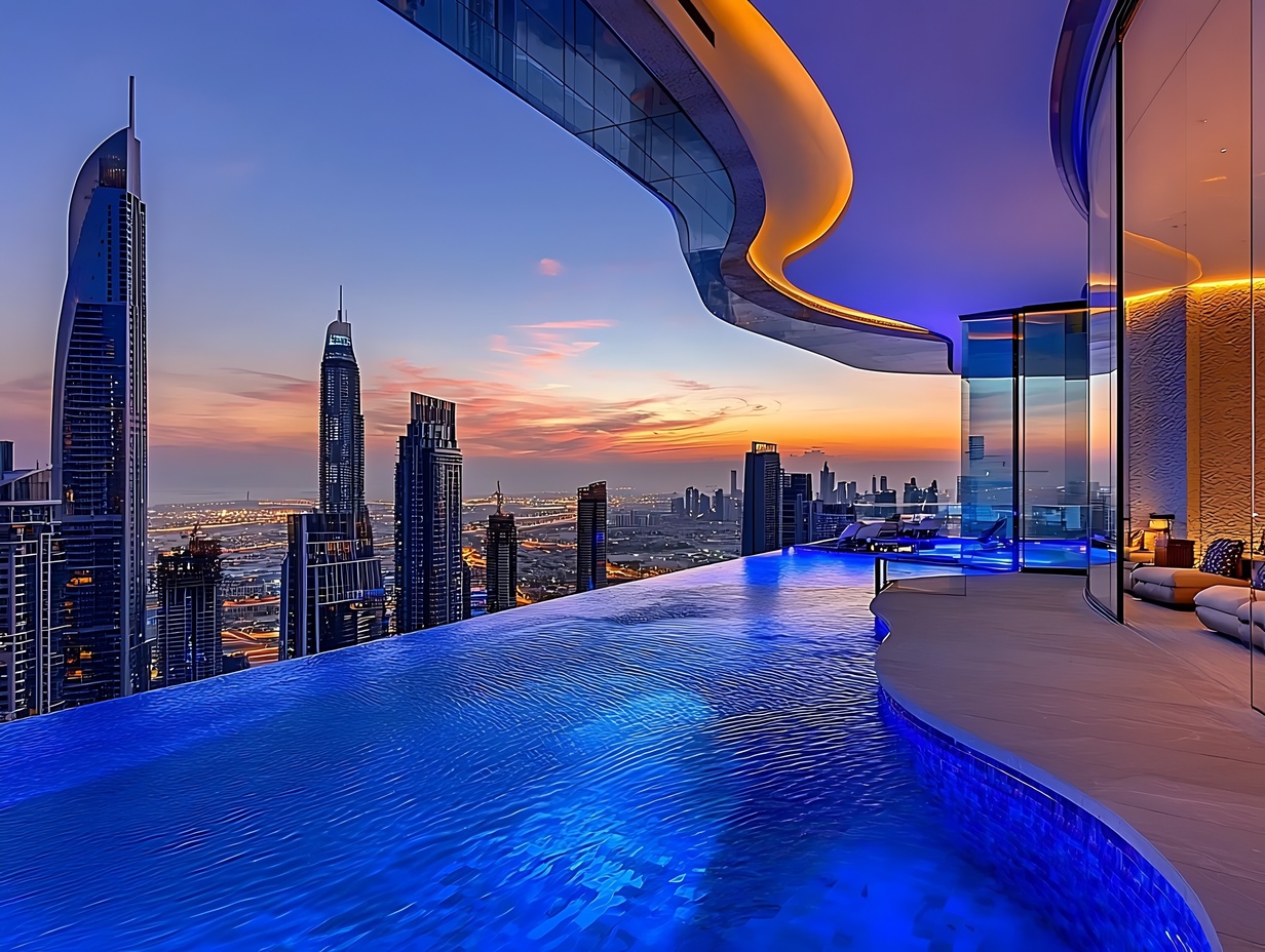Luxus-Penthouse in Dubai mit Infinity-Pool und Skylineblick bei Nacht