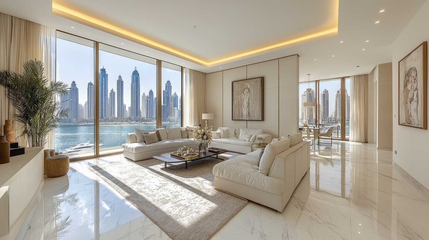 Luxuriöses, helles Wohnzimmer in Dubai mit Panorama auf die Marina-Skyline – hochwertige Immobilie als Beispiel für Visum durch Immobilienkauf.