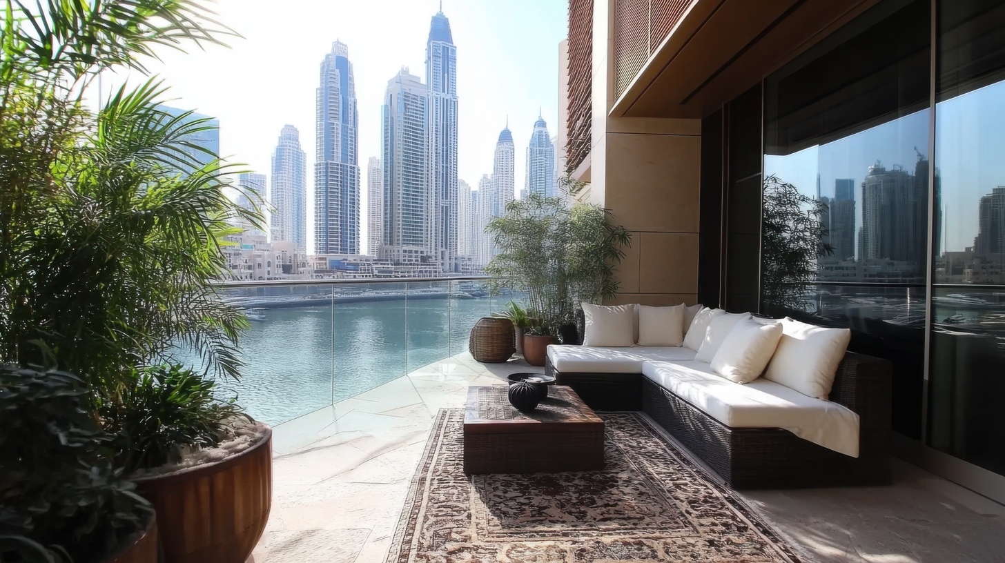Luxuriöse Terrasse mit Blick auf die Dubai Marina und moderne Hochhäuser – ideale Inspiration für die Voraussetzungen zum Immobilienkauf in Dubai.