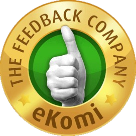 eKomi Qualitätssiegel mit Daumen-hoch-Symbol für verifizierte Kundenbewertungen