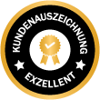 Rundes schwarzes und goldenes Kundenauszeichnungs-Siegel mit der Bewertung Exzellent im Zusammenhang mit Wohnung in Dubai kaufen.