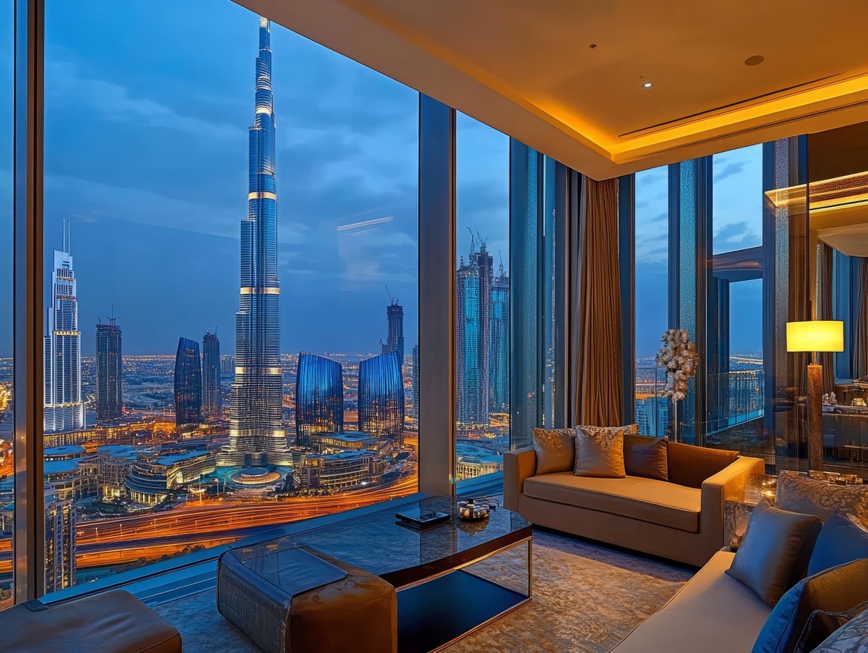 Luxuriöses Apartment mit bodentiefen Panoramafenstern und direktem Blick auf den Burj Khalifa und die Skyline von Downtown Dubai bei Abendbeleuchtung.